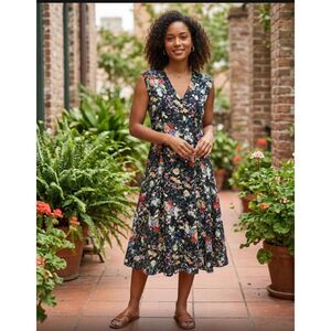 VTG 90s Limited Dark Floral Midi Dress L Button Front Tie Back Fairy Boho Witchy